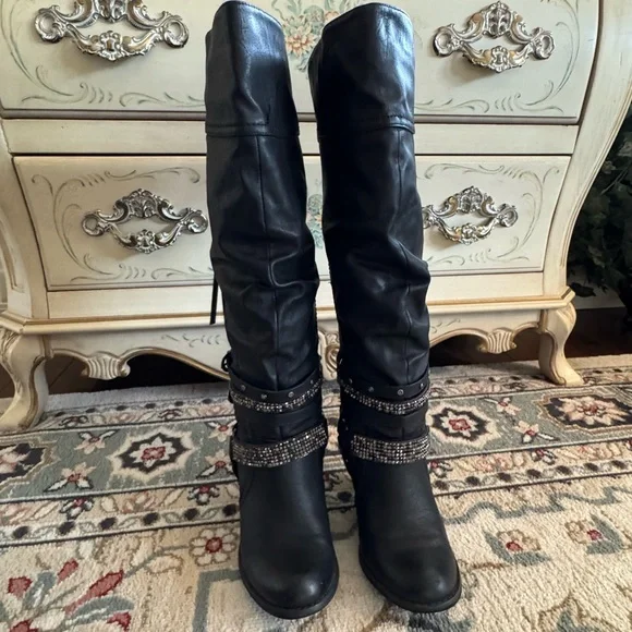 Not Rated Stacey High Harness Slouchy Boots Rhinestone Straps And Buckles - Picture 2 of 16